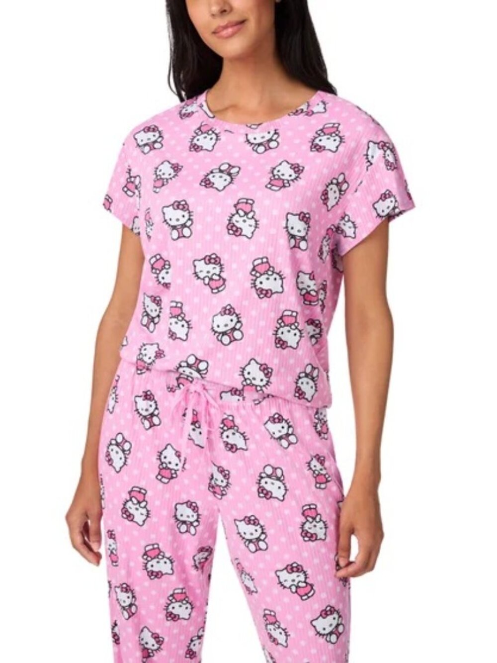NEW Hello Kitty 2 Pc Pajama Set NWT XL Short Sleeve Top Jogger Pants Pink - Picture 7 of 10